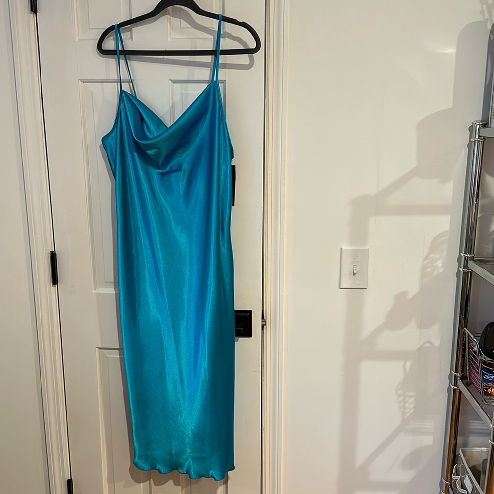 bebe Turquoise Satin Slip Midi Dress